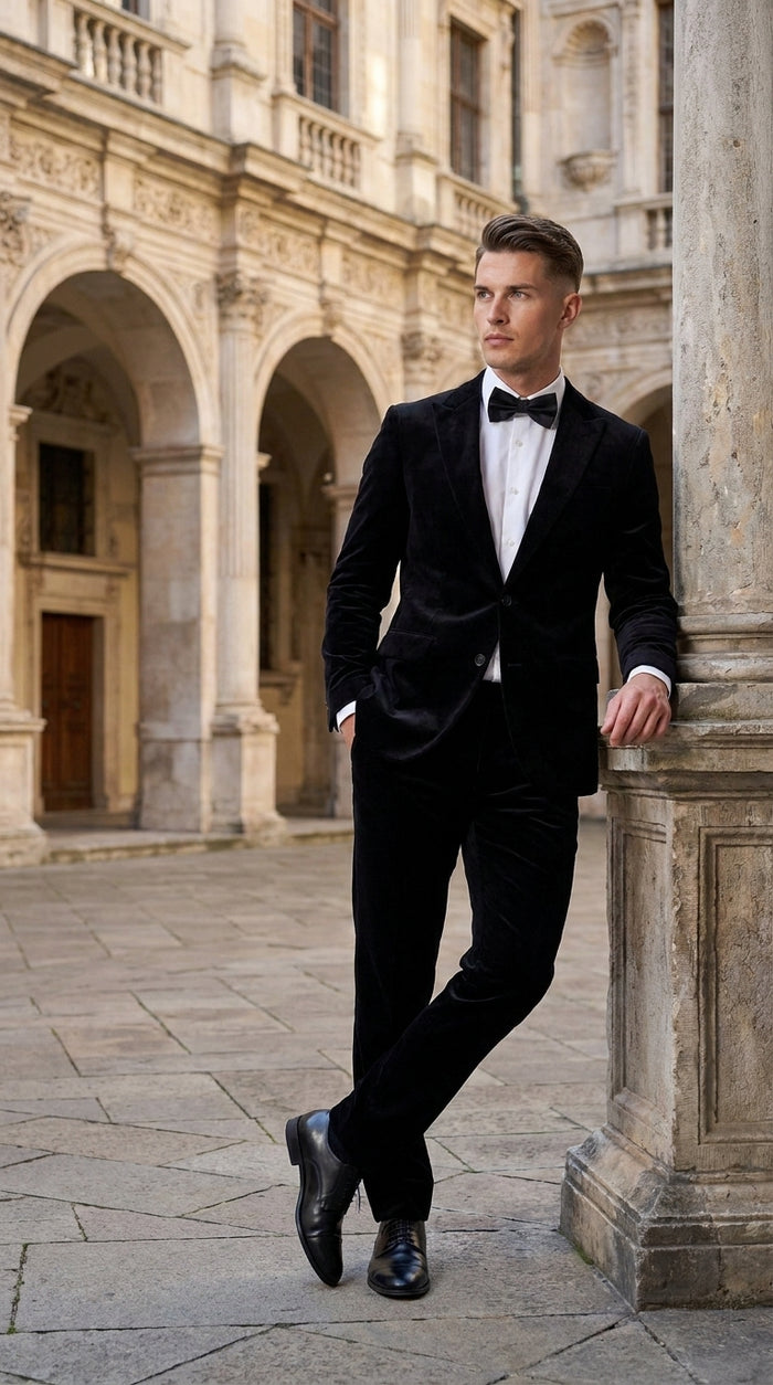 Men’s Black Velvet 2-Piece Suit – Notch Lapel Wedding, Prom and Formal Evening Suit Modern Fit