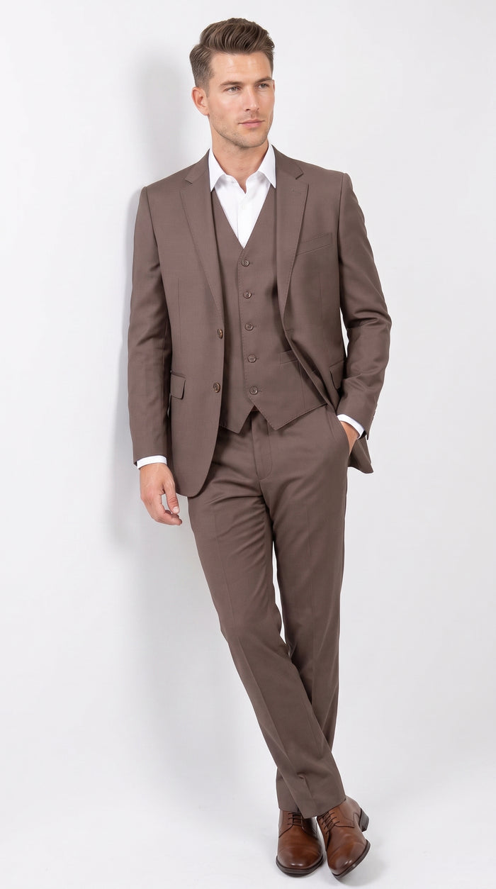 Men’s Zagarie Brand Light Brown Mocha 3-Piece Wool Suit – Modern Wedding, Business and Formal Suit with Pick Stitching Modern Fit