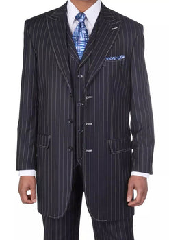 Men's Three Button Suits -  Navy Blue Pinstripe Three-Piece Suit – Classic Business and Formal Wear with Tailored Fit - Image 6