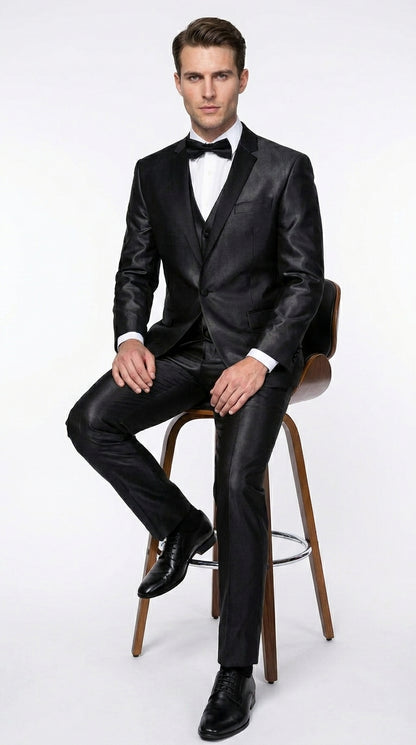 Men’s Black Two Tone Vested Wool Suit with 2 Button Jacket and Black Lapel, Italian Tuxedo Style