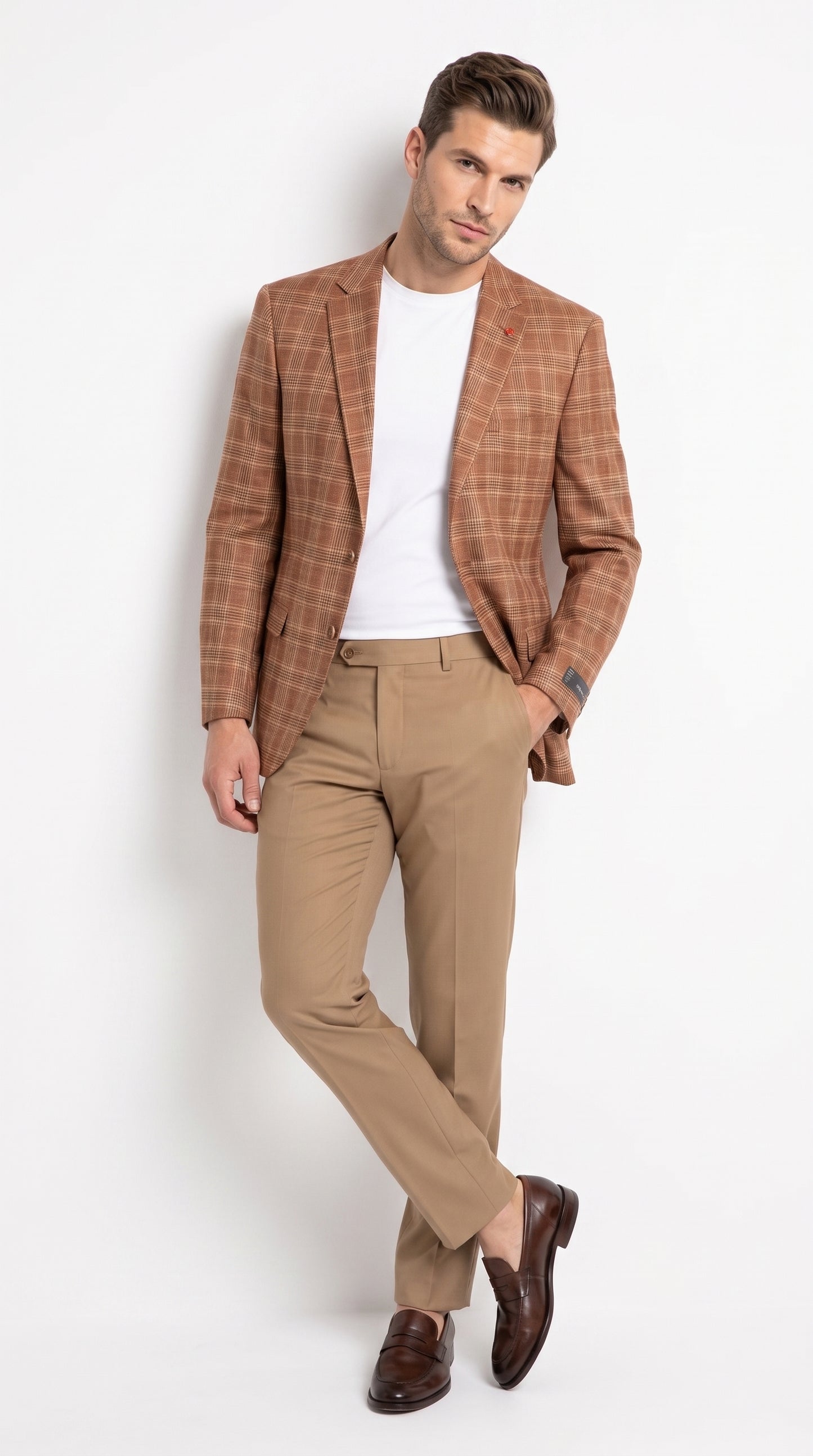 Vitali Men’s Rust Copper Brown Plaid Blazer with Tan Pants – Classic Windowpane, Business and Smart-Casual Birck color  Suit