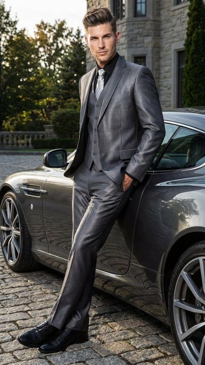 Mens Charcoal Gray Suit With Sheen -  | Shiny Texture Fabric Three Piece Wedding and Party Business - Image 6