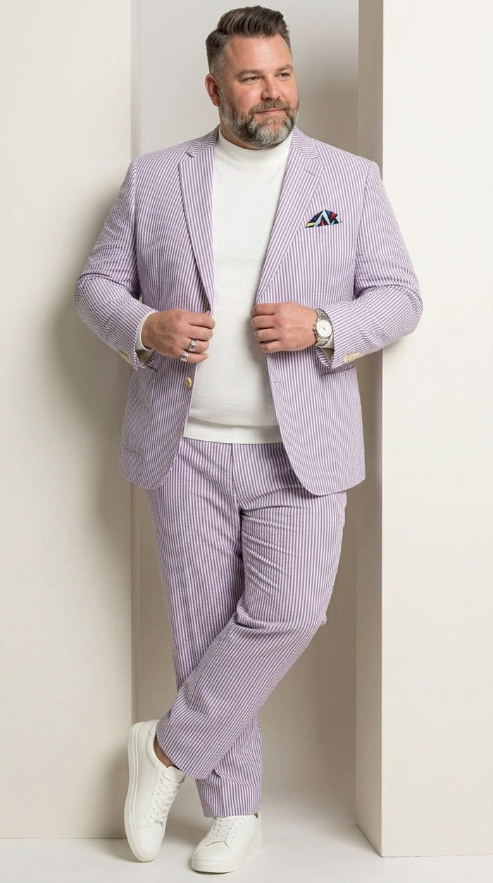 Men’s Lavender Seersucker 2 Piece Suit, Lightweight Summer Blazer and Pants Set for Weddings, Parties, Prom, and summer fabric