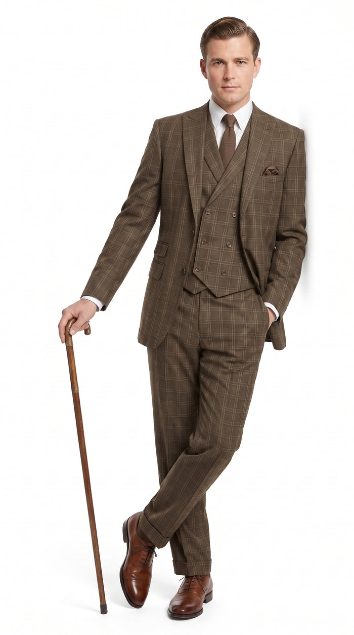 Men’s 1930s Brown Plaid 3 Piece Suit, Vintage Formal Wedding Business Dress Suit Set  Modern Fit