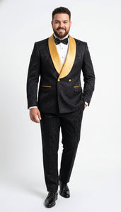Men’s Black and Gold Jacquard Tuxedo Suit – Luxury Slim Fit Formal Wedding, Prom, and Gala Outfit