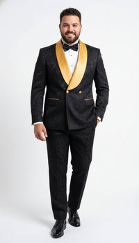 Men’s Black and Gold Jacquard Tuxedo Suit – Luxury Slim Fit Formal Wedding, Prom, and Gala Outfit