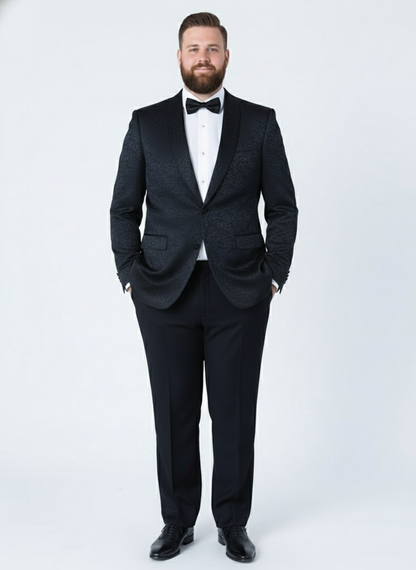 Men’s Black Textured Paisley floral Tuxedo Suit – Premium Slim Fit Formal Wedding, Prom, with Bowtie