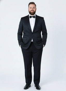 Men’s Black Textured Paisley floral Tuxedo Suit – Premium Slim Fit Formal Wedding, Prom, with Bowtie