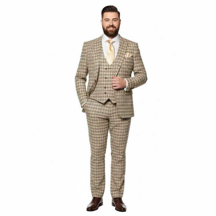 Men’s Beige and Navy Check 3-Piece Suit Set – Premium Tailored Fit Formal Wedding and Business Suit By Rossiman Modern Fit