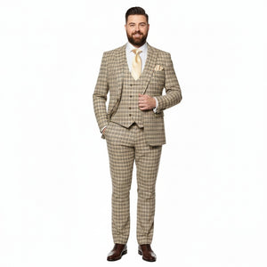 Men’s Beige and Navy Check 3-Piece Suit Set – Premium Tailored Fit Formal Wedding and Business Suit By Rossiman
