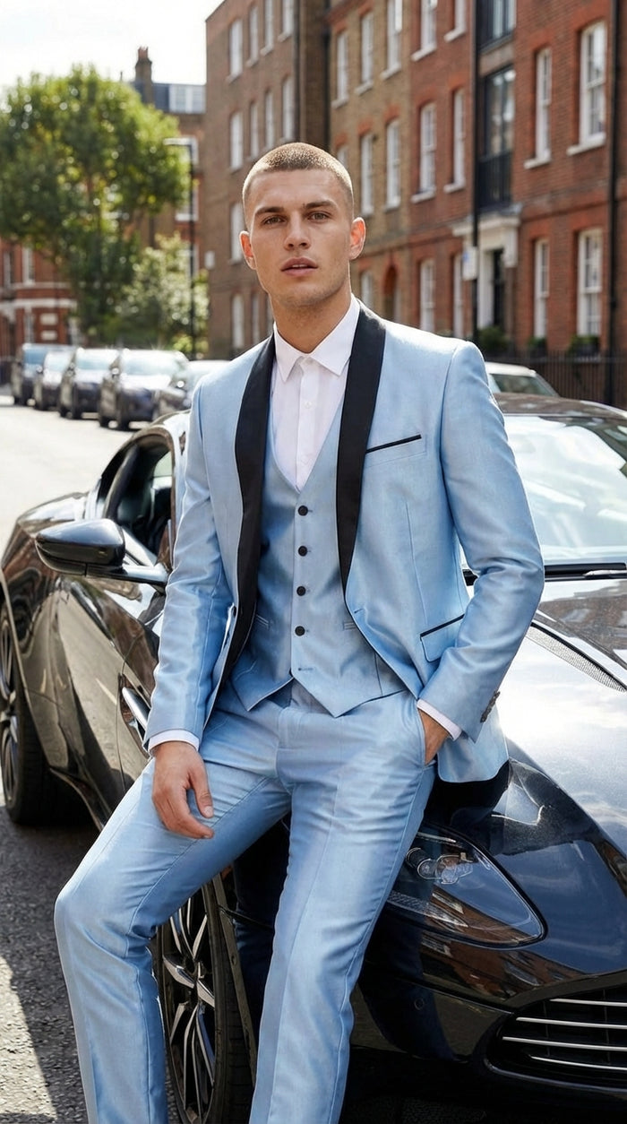 Men’s Light Blue Shiny 3 Piece Suit with Black Shawl Lapel | Formal Wedding Prom Suit - Sateen Sharskin Suit Modern Fit