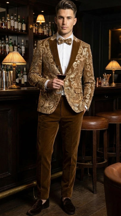 Men’s Brown Tuxedo dinner Jacket Blazer – Jacket for Formal Paisley Pattern Coffee Mocca Color + Bowtie
