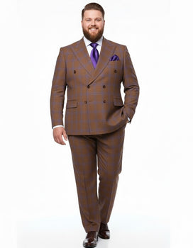 Men’s Brown Plaid Double-Breasted Suit – Premium 2-Piece Classic Checkered Windowpane Suit by Rossiman