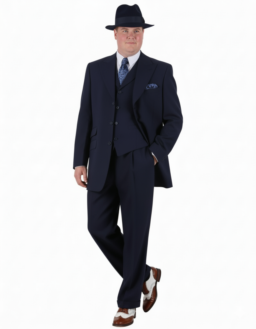 Men’s 1920s Navy Blue Zoot Suit – Classic Gangster 3-Piece Long  - Classic Fit Pleated Pants