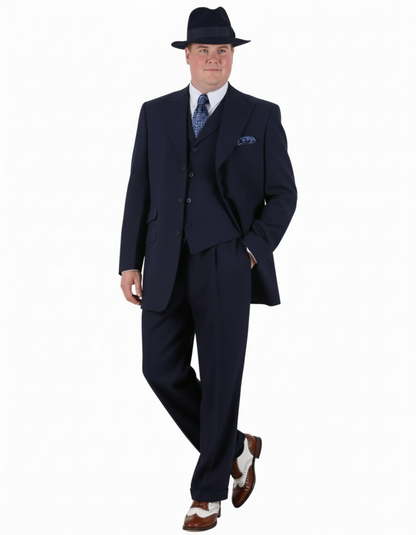 Men’s 1920s Navy Blue Zoot Suit – Classic Gangster 3-Piece Long  - Classic Fit Pleated Pants