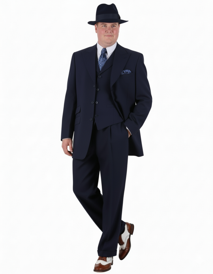 Men’s 1920s Navy Blue Zoot Suit – Classic Gangster 3-Piece Long  - Classic Fit Pleated Pants