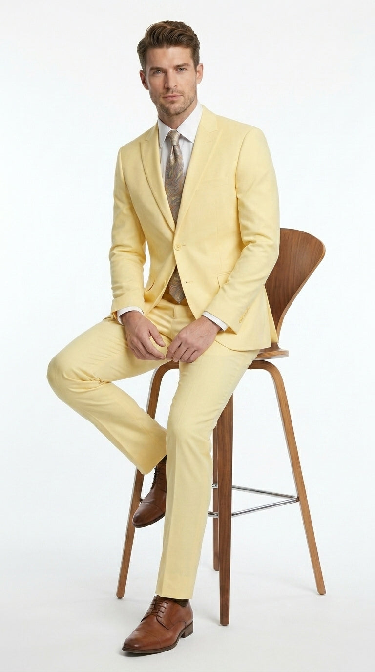 Men’s Pale Yellow 2 Piece Suit, Formal Dress Suit for Weddings, Prom, Parties, Summer Events, and Special Occasions By Vitali Modern Fit