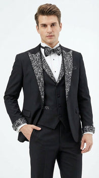 Mens Black and White Lapel Tuxedo Suit – Black Formal Tuxedo with White Pattern Lapel for Wedding, Prom and Evening Events