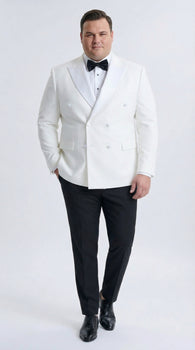 Men’s White Double Breasted Dinner Jacket Blazer with Black Pants – Formal Tuxedo Style Outfit for Weddings