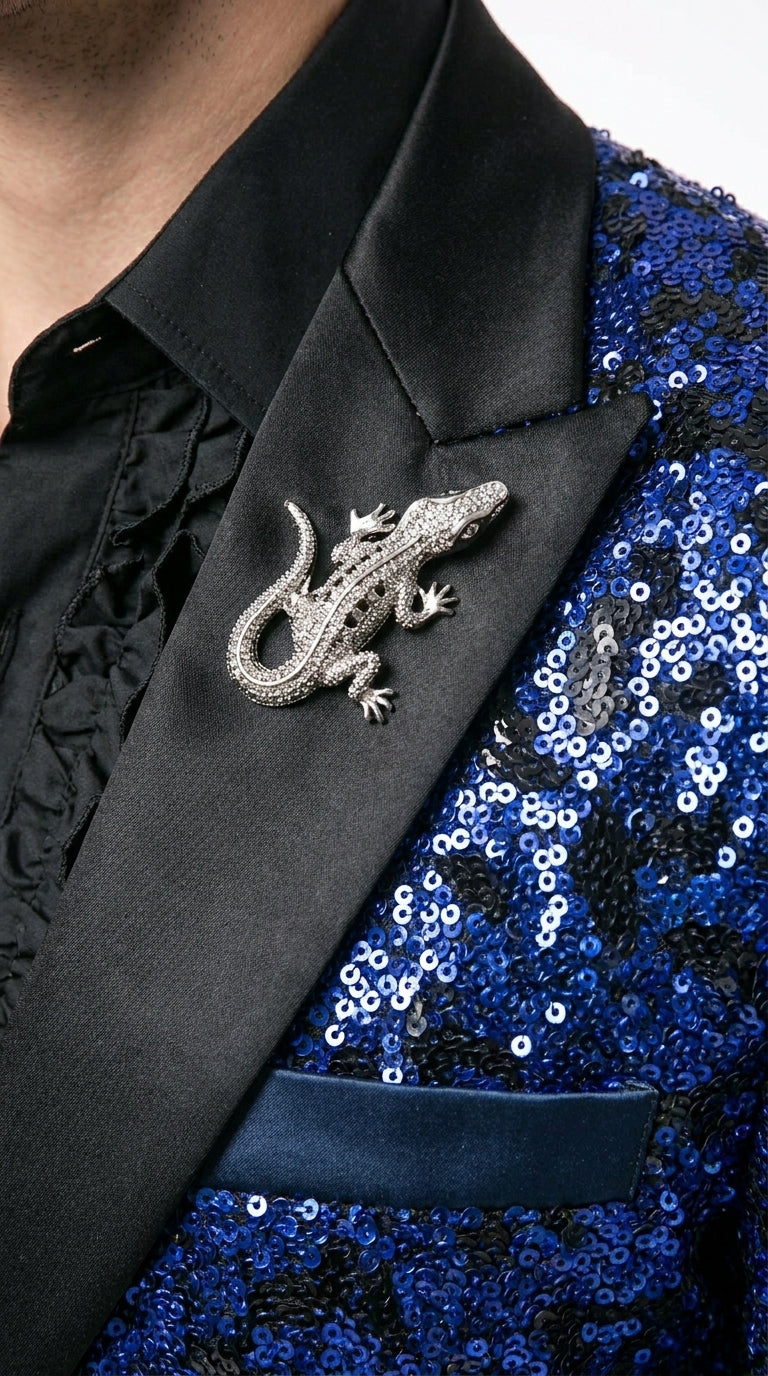 Men’s Blue Sequin Sparkle Blazer Jacket with Black Satin Lapel, Party Prom Wedding Dinner Coat