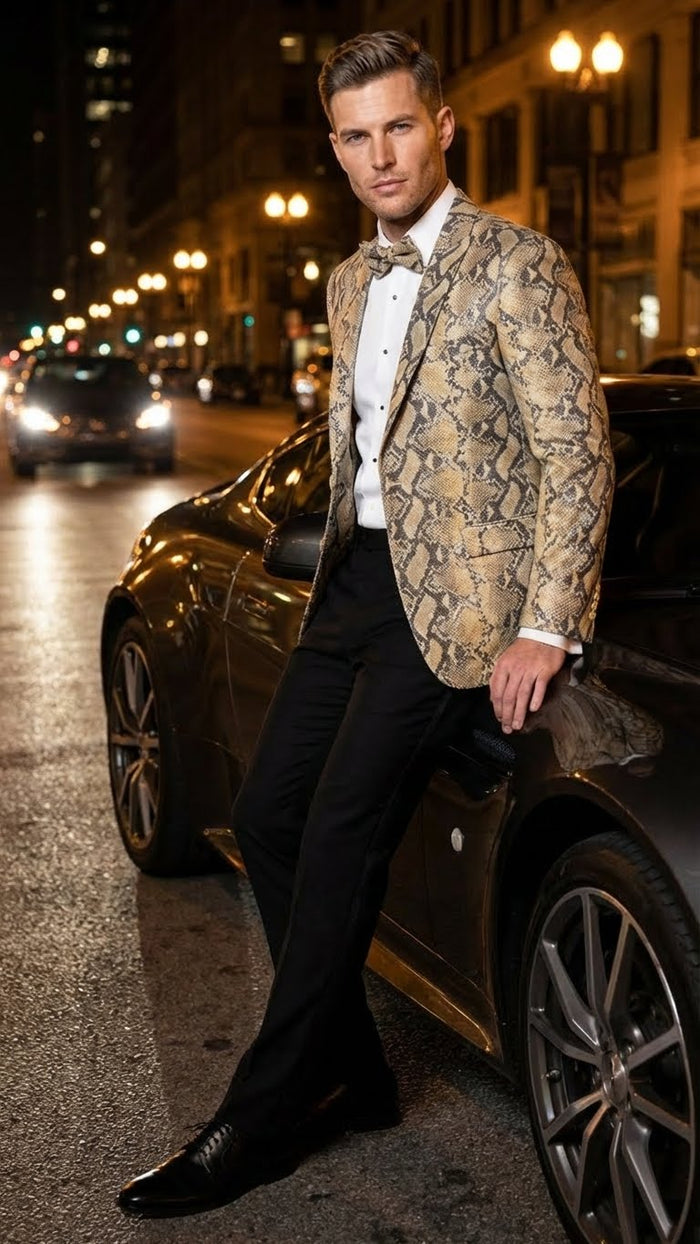 Men’s Beige and Black Snakeskin Print Blazer – Alligator Crocodile Exotic Sking Sport Coat Jacket in Tan Camel Color