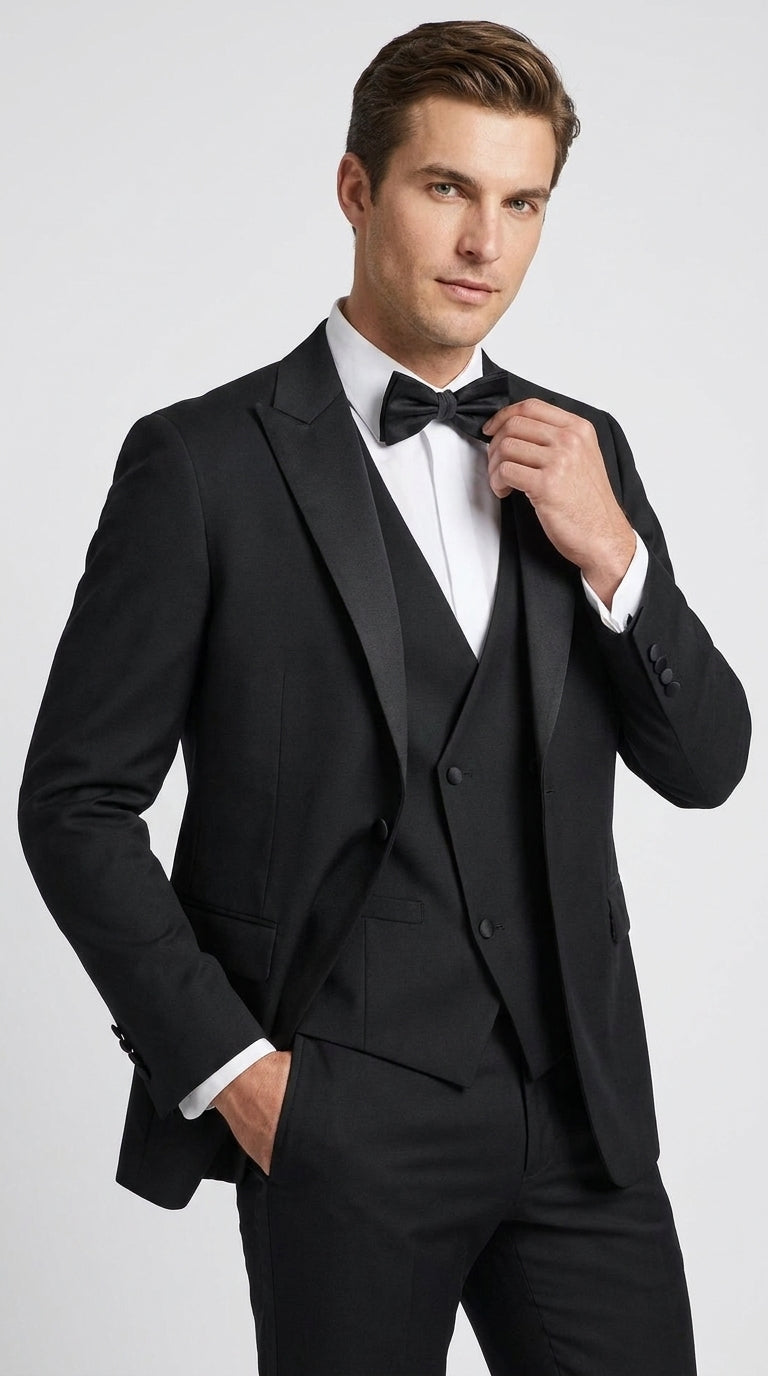 Men’s Black Boot Cut 3-Piece Tuxedo Suit – Peak Lapel Wedding, Prom and Formal Suit 1970s Style