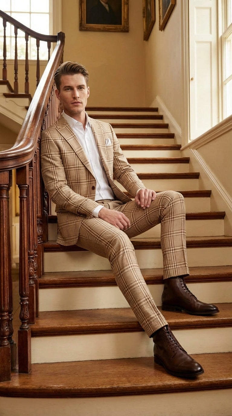 Beige Tan Plaid windowpane Two Piece Suit for Men | Classic Checkered Formal Suit with Jacket and Pants by Rossiman - Image 7