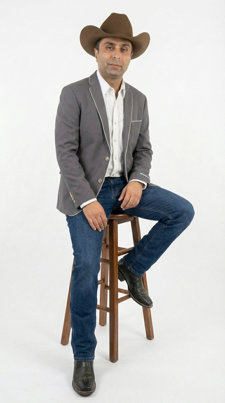 Mens Grey and White Trim Western Blazer – Classic Fit Cowboy Style Contrast Trim Dress Jacket