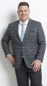 Mens Charcoal Gray with Blue Plaid Pattern Blazer Jacket – Classic Check Pattern Sport Coat for Business, Office, and Smart Casual Wear