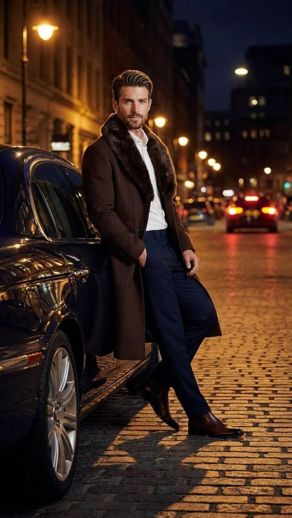 Men’s Brown Long Overcoat with Faux Fur Collar – Classic Winter Formal Coat Three Quarter Carcoat Wool and Cashmere Fabric