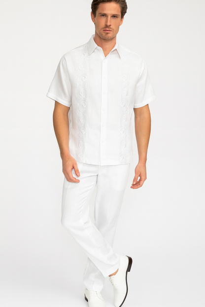 Men’s White Embroidered Guayabera Two-Piece Set – Short Sleeve Shirt and Pants