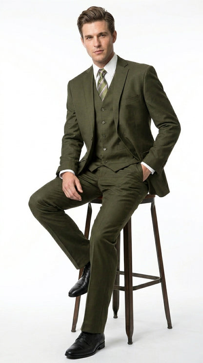 Men’s Olive 3 Piece Suit with Blazer, Vest and Pants, Formal Wedding Business Dress Suit