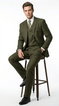 Men’s Olive 3 Piece Suit with Blazer, Vest and Pants, Formal Wedding Business Dress Suit
