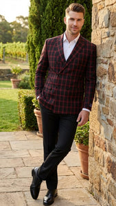 Men’s Black and Red Check Double Breasted Blazer – Sport Coat Jacket Windowpane Sportcoat Slim Fit