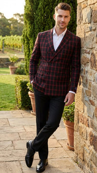 Men’s Black and Red Check Double Breasted Blazer – Sport Coat Jacket Windowpane Sportcoat Slim Fit