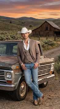 Men’s Light Grey Cowboy Blazer with Double breasted Vest – Western Two Piece Suit Pants included