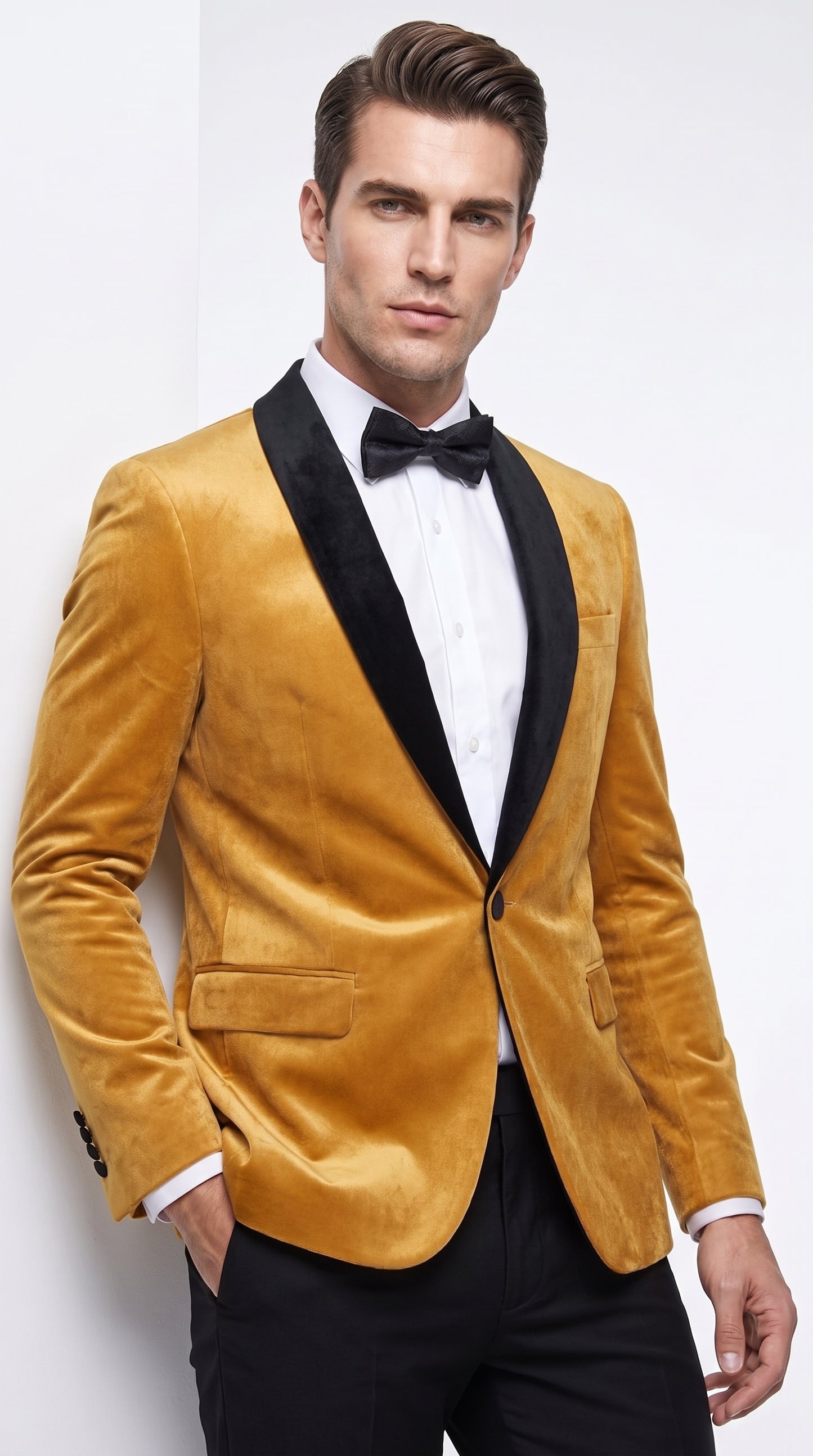 Men’s Velvet Gold Tuxedo Dinner Jacket – Black Shawl Lapel Wedding & Prom Blazer