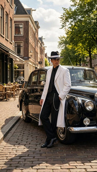 Men’s White Long Zoot Style Suit  | Vintage Gangster Mafia Formal Coat with Black Pants