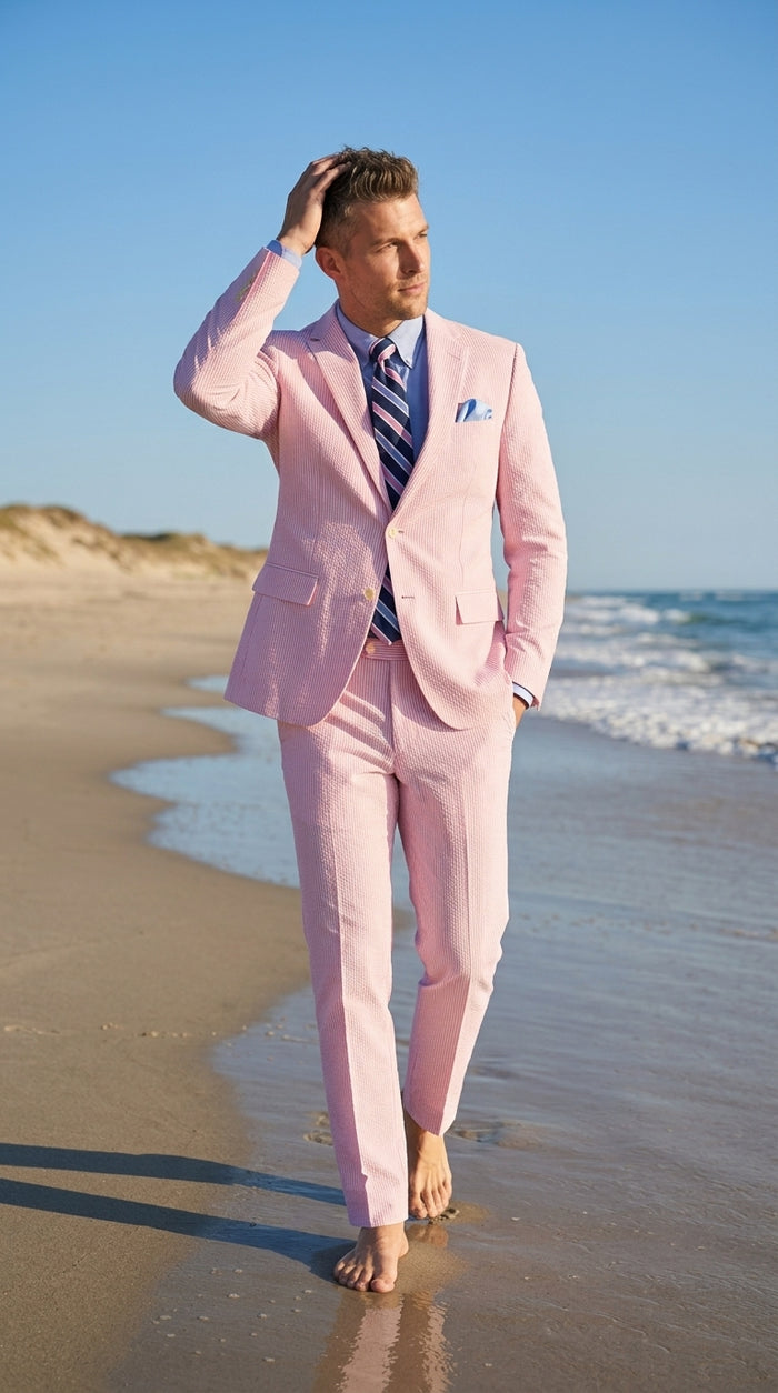 Men’s Pink Seersucker 2 Piece Suit, Lightweight Summer Dress Suit for Weddings, Prom, Parties, and Special Occasions Modern Fit