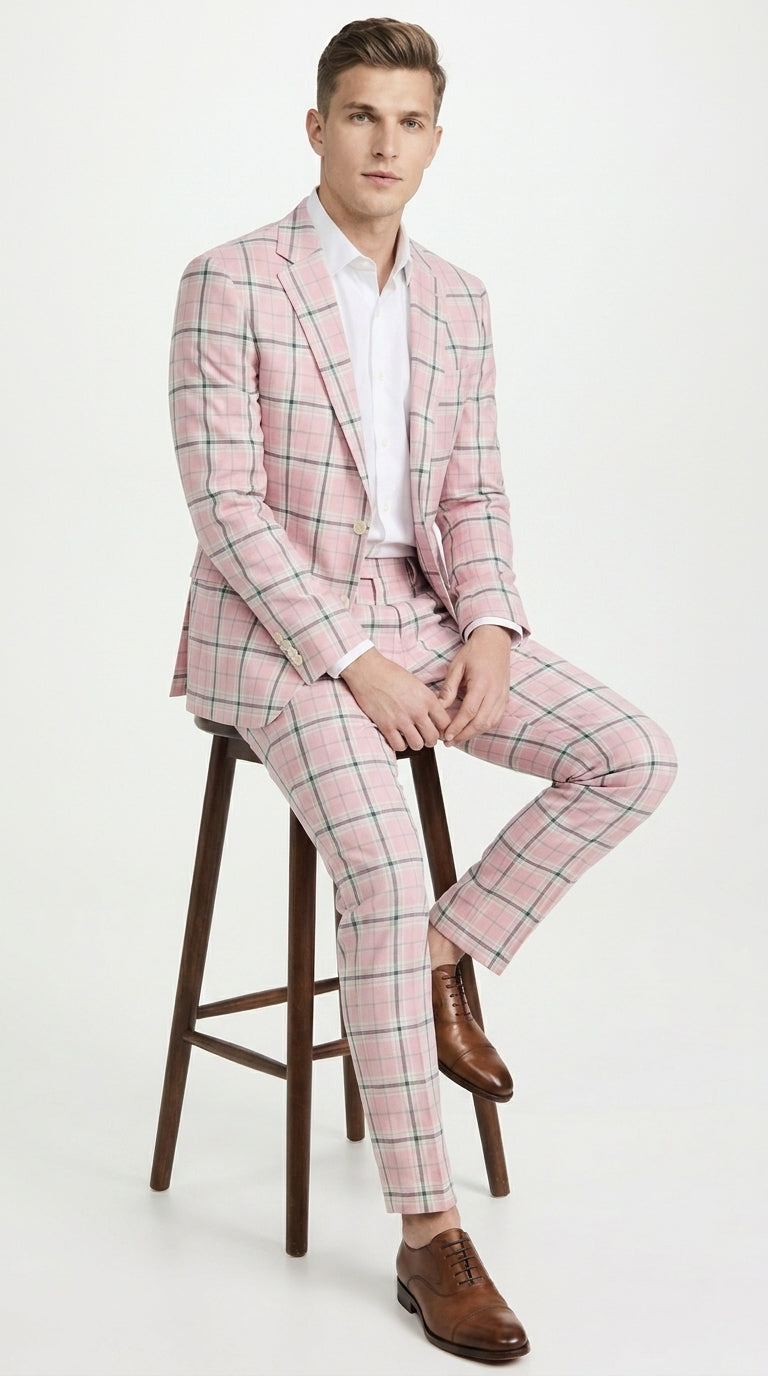 Men’s Pink Plaid Suit with Check Pattern Blazer and Matching Pants, Formal Wedding Party Dress Suit