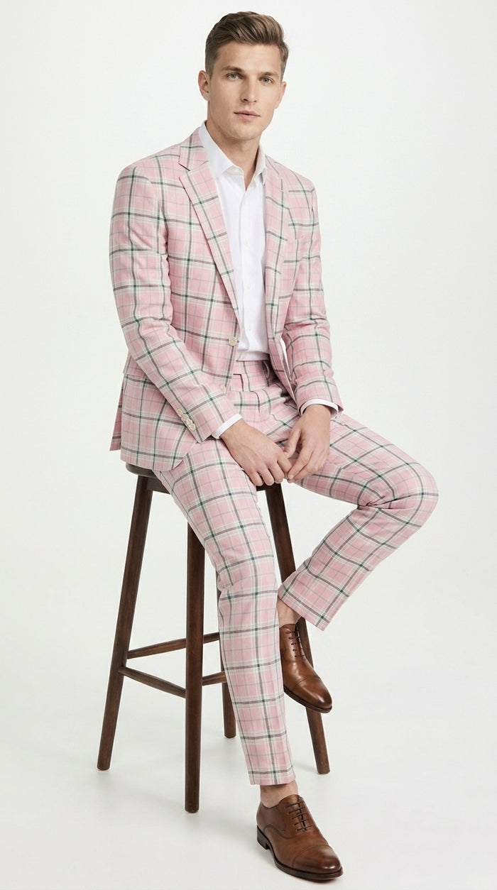 Men’s Pink Plaid Suit with Check Pattern Blazer and Matching Pants, Formal Wedding Party Dress Suit