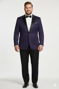 Men’s Purple Paisley Tuxedo Jacket – Ultra Slim Fit Dinner Blazer with Black Satin Peak Lapel
