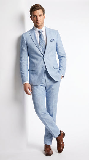 Men’s Light Blue Linen Summer Suit – Two Button Blazer with Elbow Patch Sleeves