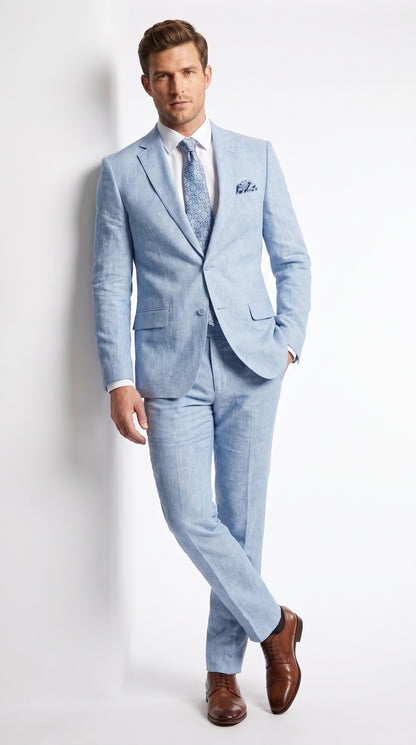 Men’s Light Blue Linen Summer Suit – Two Button Blazer with Elbow Patch Sleeves