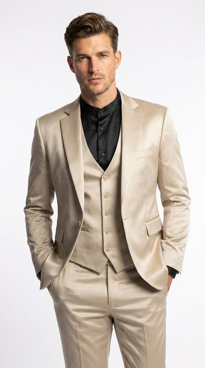 Mens 3-Piece Slim-Fit Shiny All Satin Suit Champagne