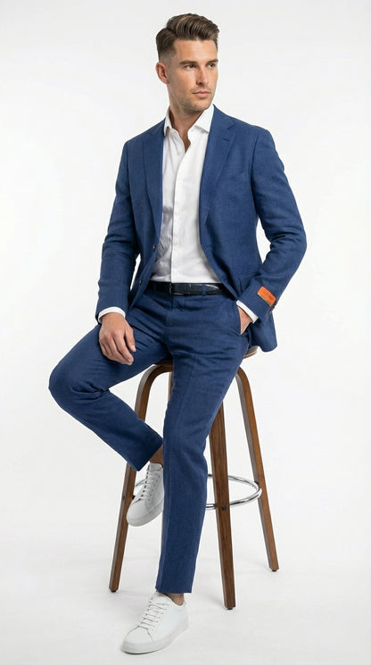 Mens Enzo Tovare Denim Blue Linen Summer Suit – Breathable Two Piece Suit for Wedding, Business, Travel Modern Fit