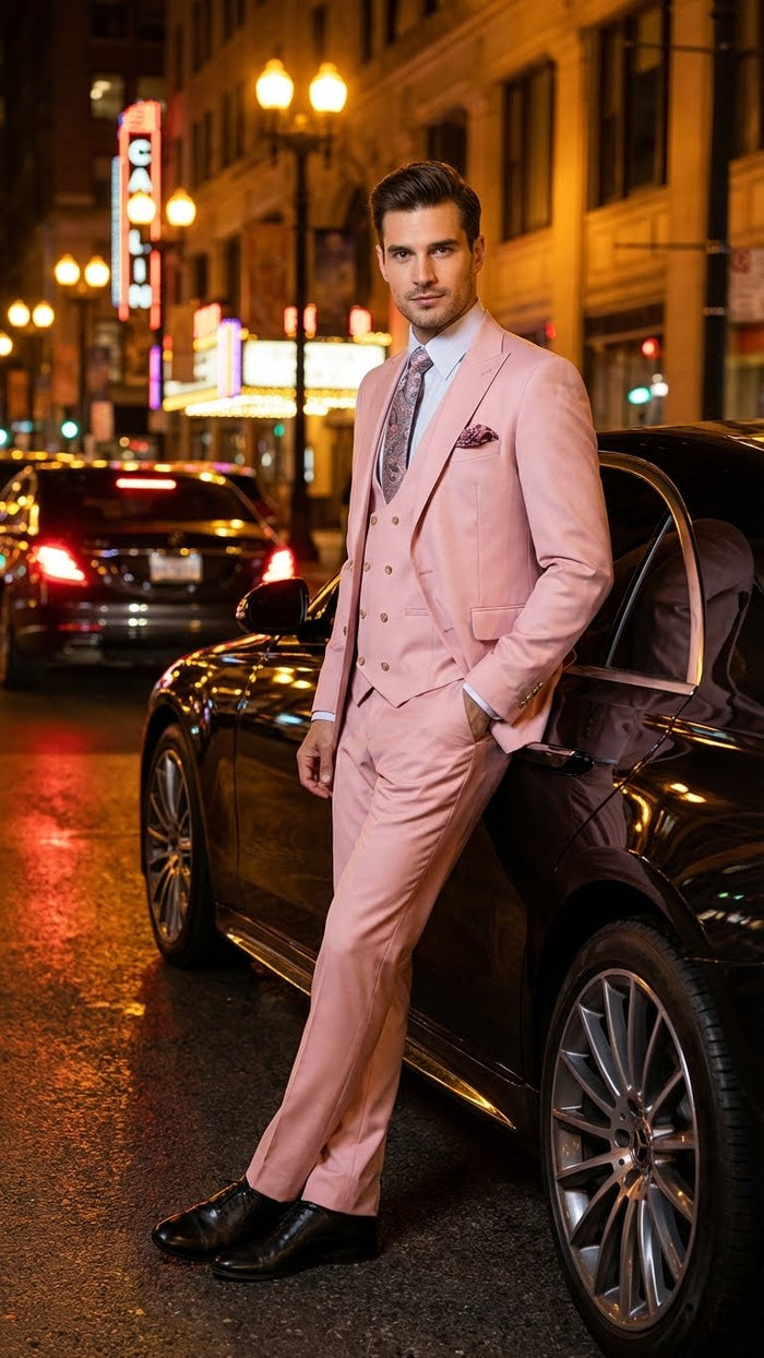 Men’s Blush Pink and Gold Three-Piece Suit – Tailored Fit Formal Wedding, Vested Suit By Rossiman Modern Fit