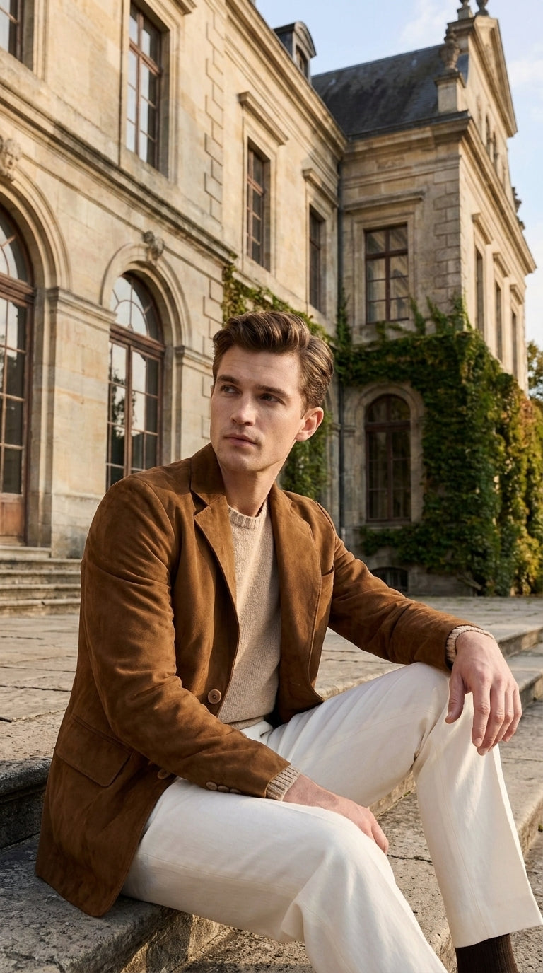 Men’s Camel Brown Suede Leather Blazer – Classic Two Button Suede Sport Coat