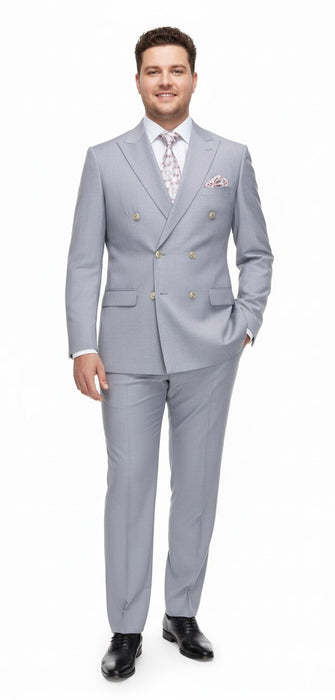 Mens Silver Grey Double-Breasted 3-Piece Suit – Classic Tailored Fit with Peak Lapel and Gold Buttons for Weddings, Church and Formal Events