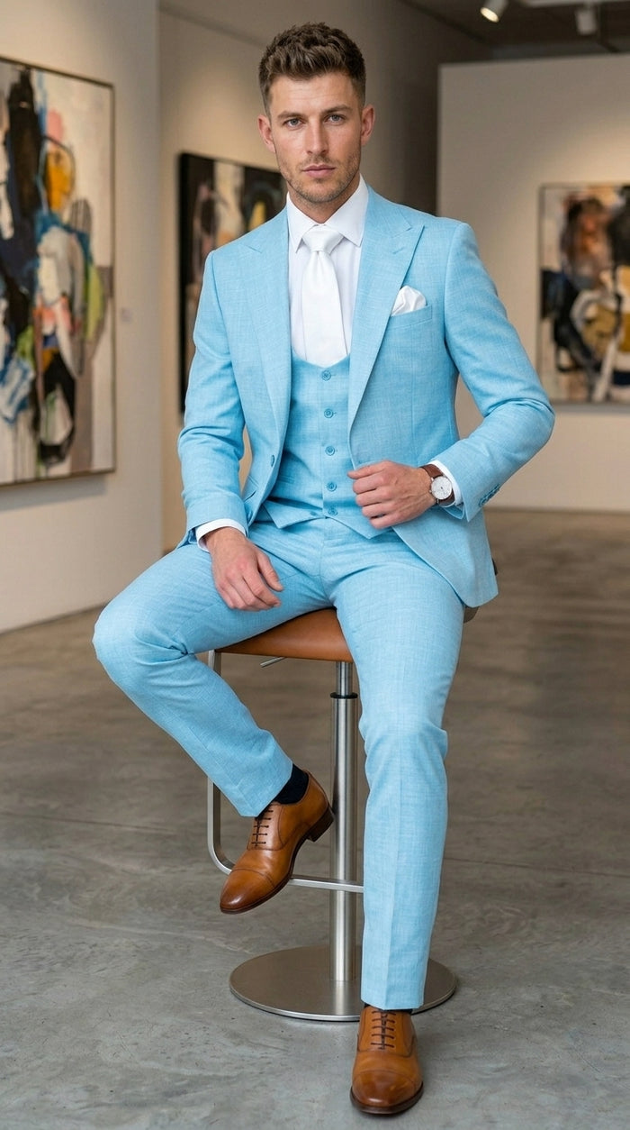 Men’s Turquoise Light blue Suit, Vested Formal Dress Suit for Weddings, Prom, Summer Parties, and Special Occasions in Aqua Blue Color By Rossiman Modern Fit